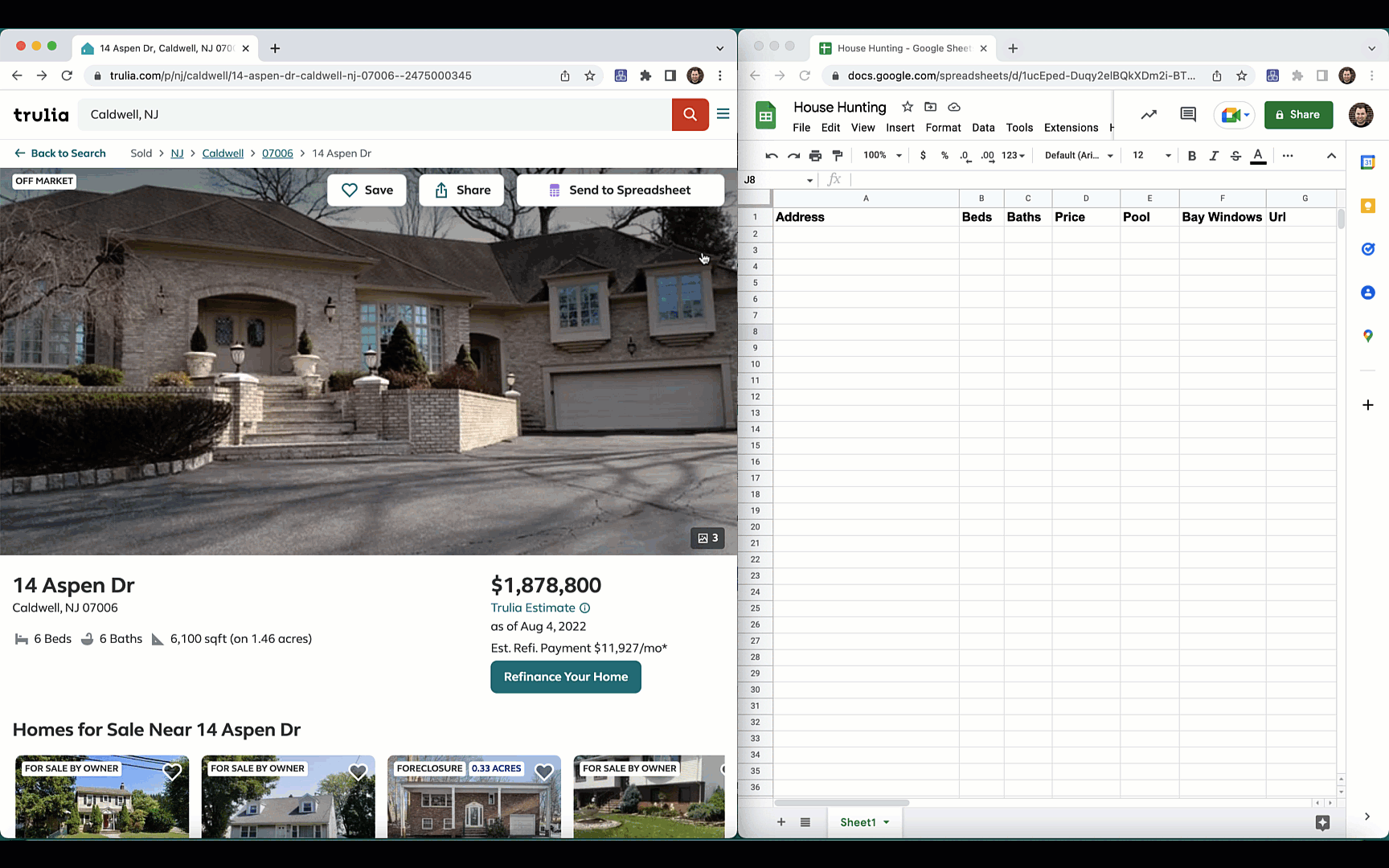A user using a custom button (made with PixieBrix) in Trulia to capture information about houses they like and automatically add it to a Google Sheet